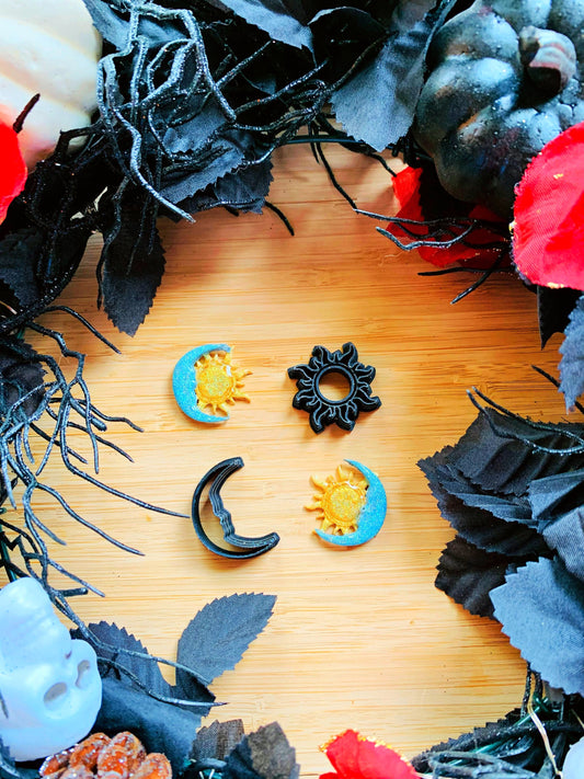 Detailed Sun and Crescent Moon Pair -  Sharp Embossed Earring Clay Cutter