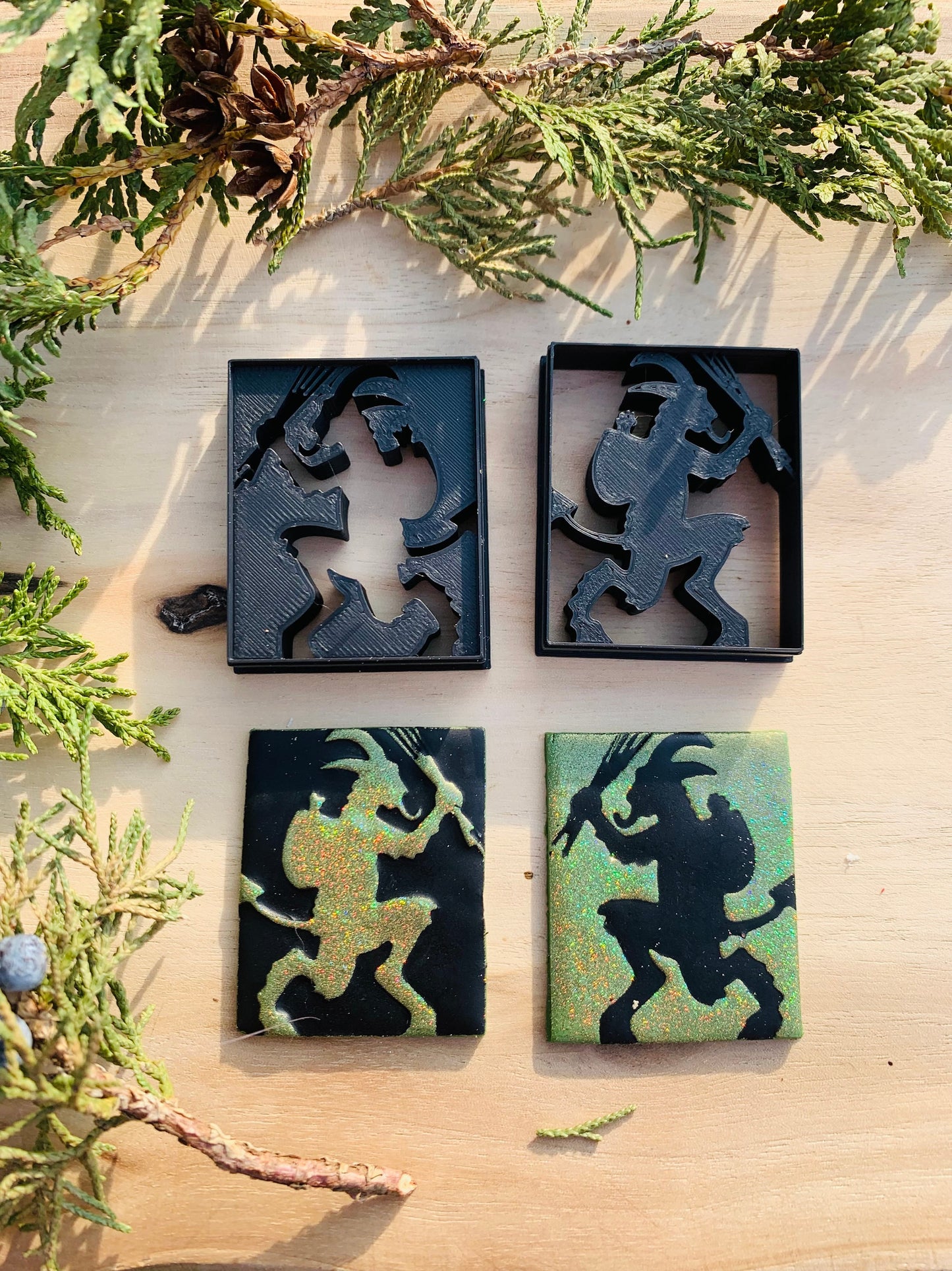 Inverted Mirrored Pair of Krampus Silhouettes Embossed Sharp Clay Cutter