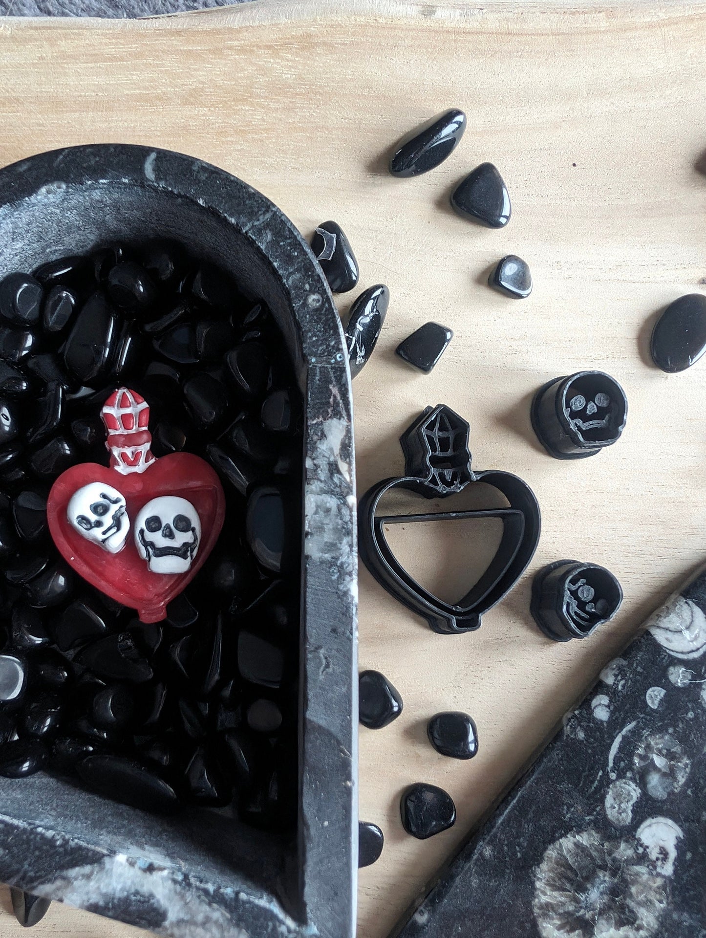 Heart Shaped Potion Bottle with 2 Micro Skull Sharp Clay Cutters Set of 3