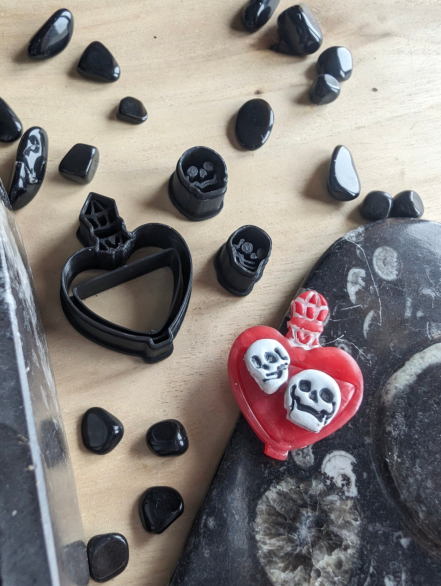 Heart Shaped Potion Bottle with 2 Micro Skull Sharp Clay Cutters Set of 3