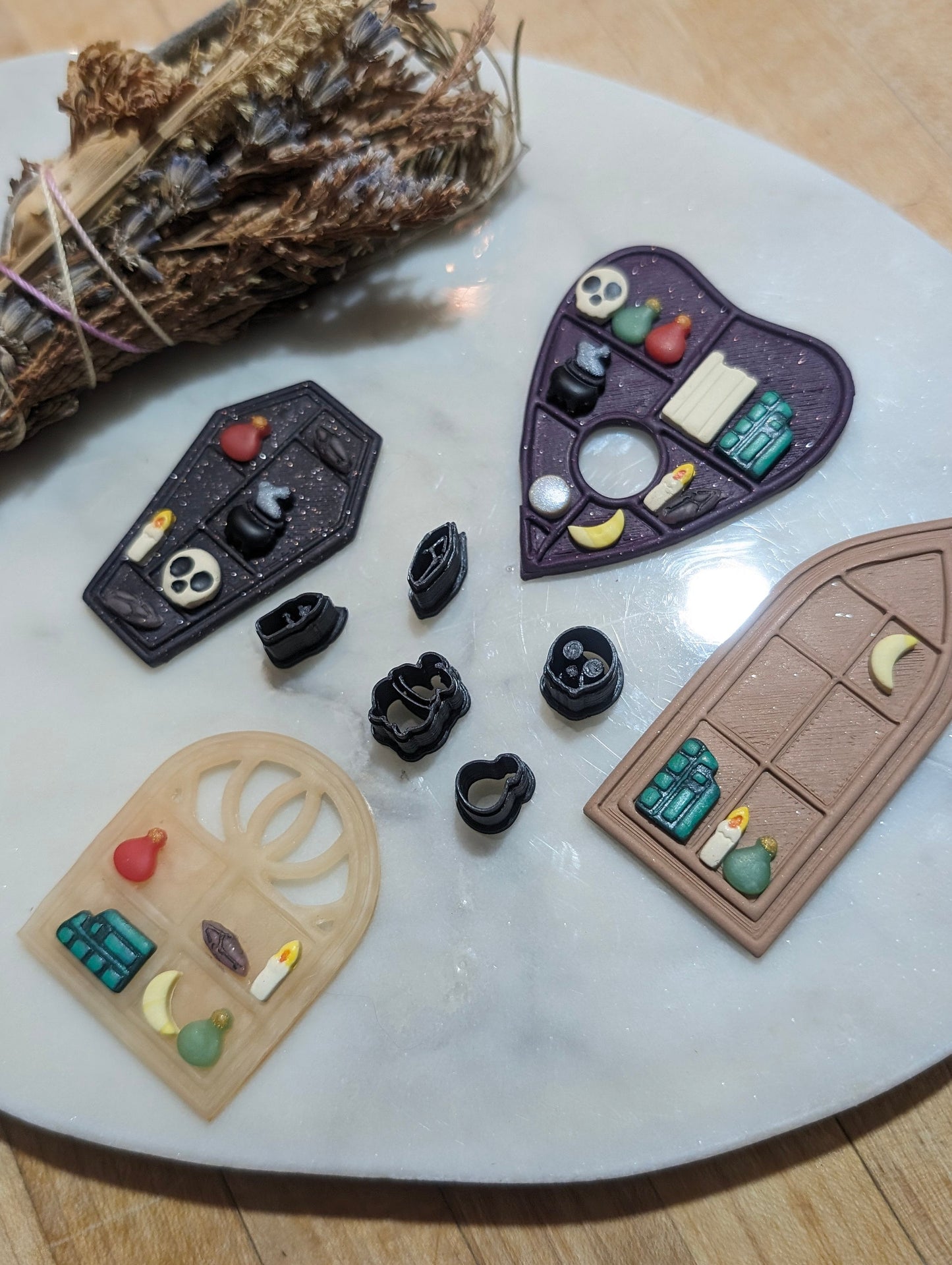 Set of 5 Micro Shelf and Window Sized Sharp Clay Cutters Including a Crystal, Cauldron, Skull, Candle, and Potion Bottle